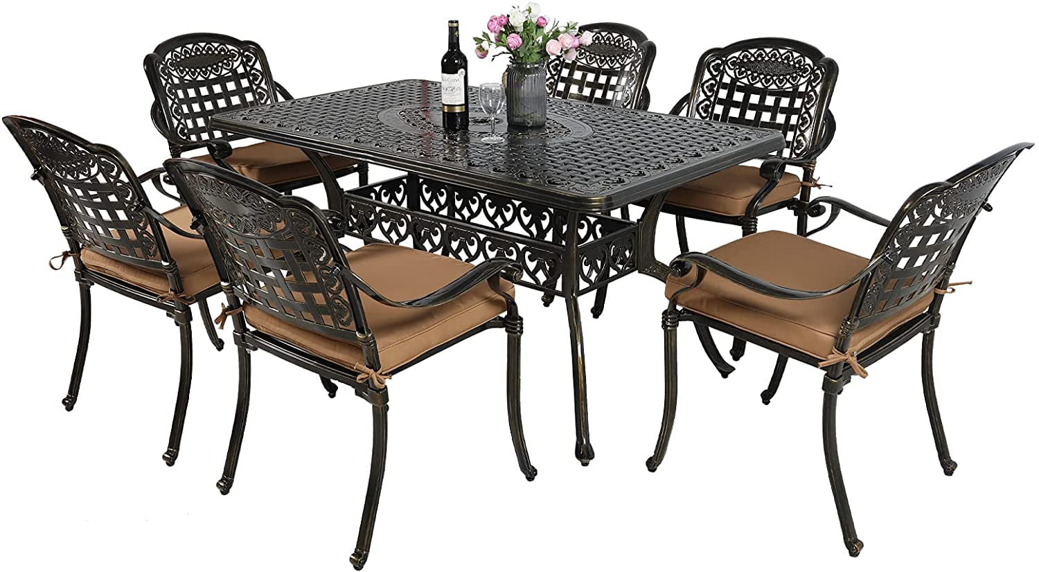 MEETWARM 7-Piece Outdoor Furniture Dining Set, All Weather Cast Aluminum Patio Garden Set with 6 Cushioned Chairs, 1 Rectangular Table, 2" Umbrella Hole