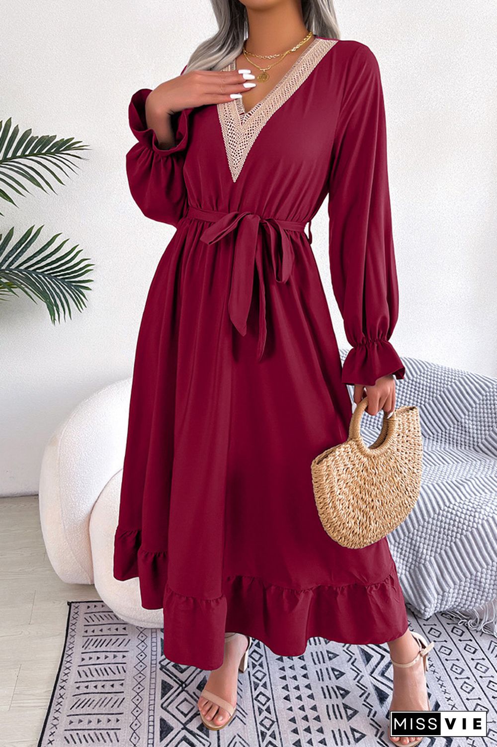 Plain V Neck Lace Edge Ruffles Maxi Dress