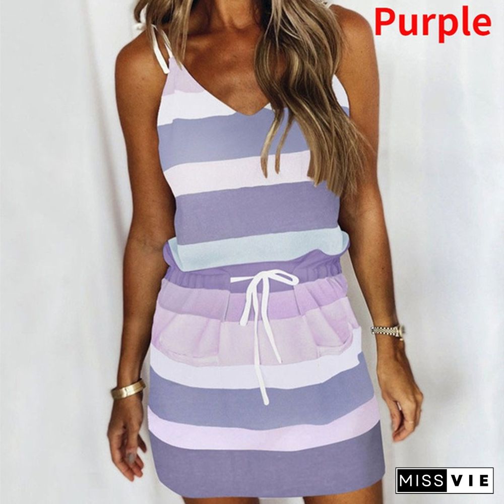 Women's Fashion Drawstring Color Harness Stripe Vest Dress Summer Skirt