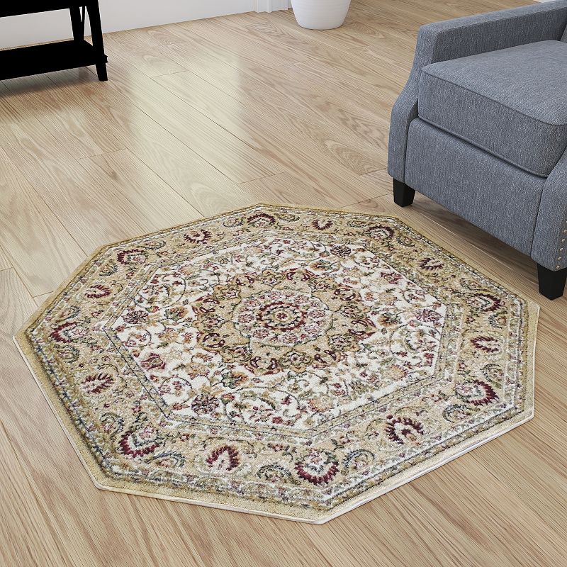 Merrick Lane Traditional Maidon 4' x 4' Persian Style Floral Medallion Motif Octagon Olefin Area Rug with Jute Backing in Ivory