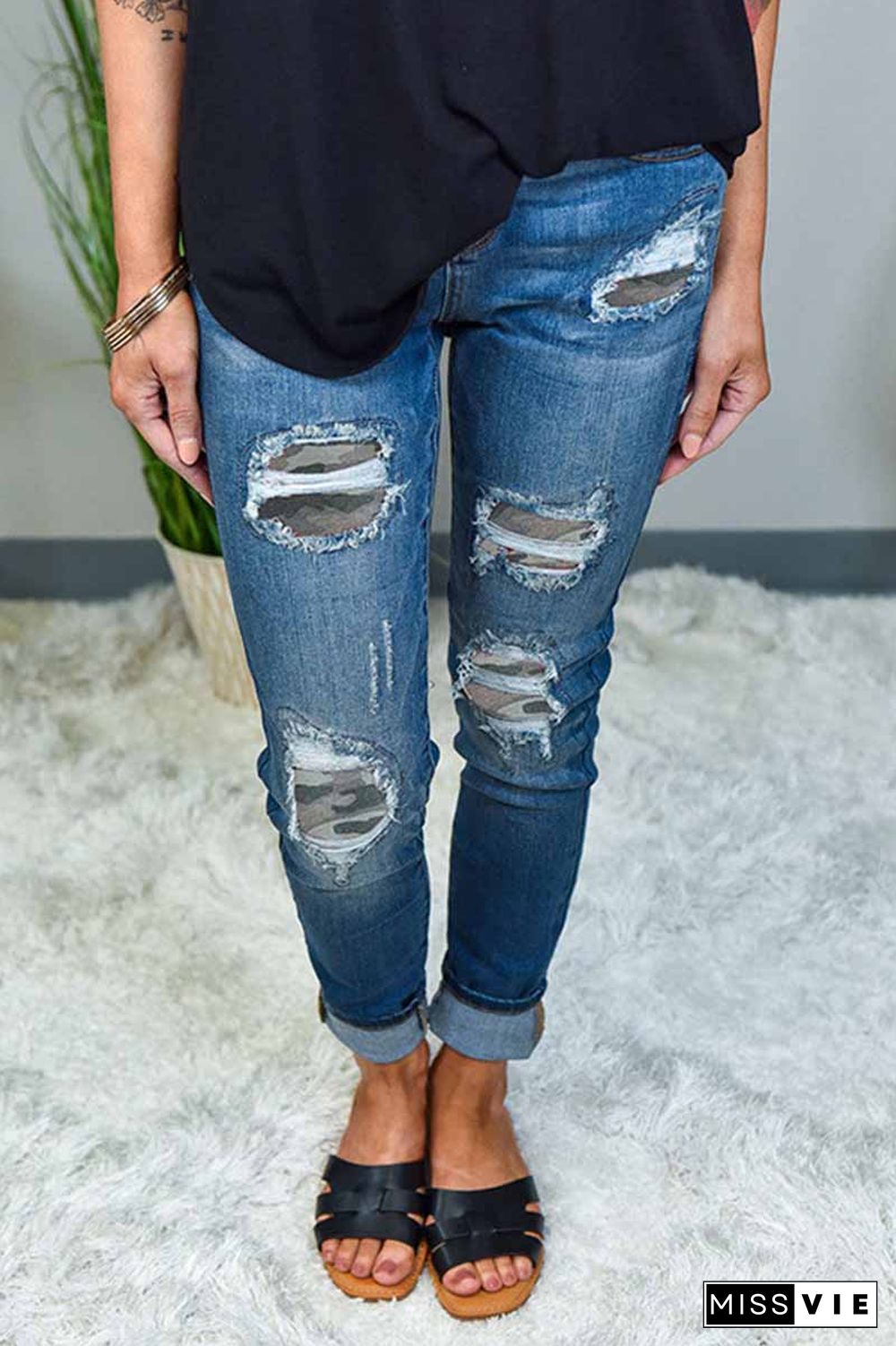 Printed Hole Washed  White Jeans