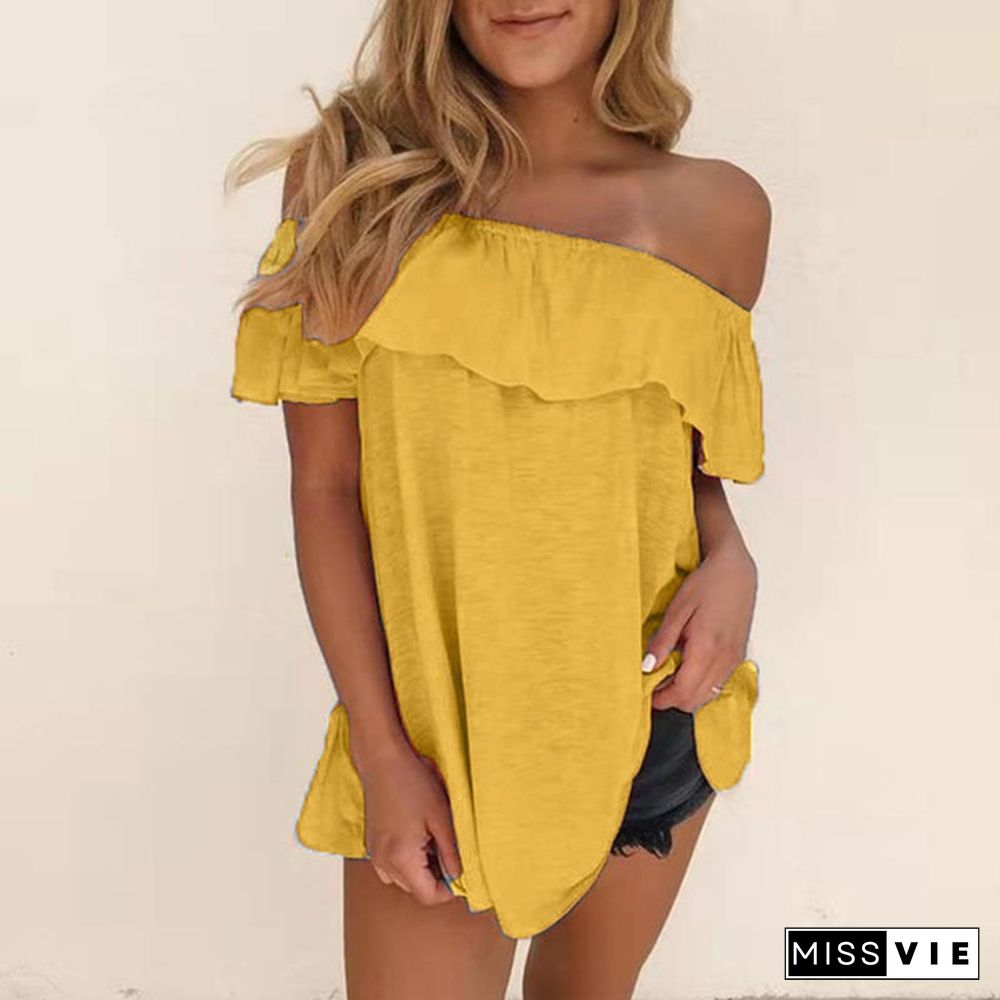 XS-8XL Spring Summer Tops Plus Size Fashion Women's Casual Summer Clothing Short Sleeve Tee Shirts Solid Color Strapless Blouses Ladies Flare Sleeve Off Shoulder Tops Candy Color Beach Wear Cotton T-shirts