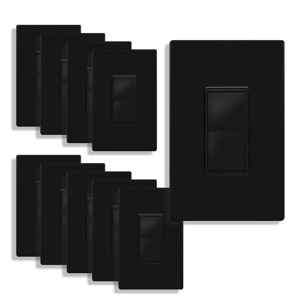 ENERLITES 15 Amp Single Pole Decorator Rocker Light Switch with Midsize Screwless Wall Plate Black (10-Pack) 91150-BKMSI10P