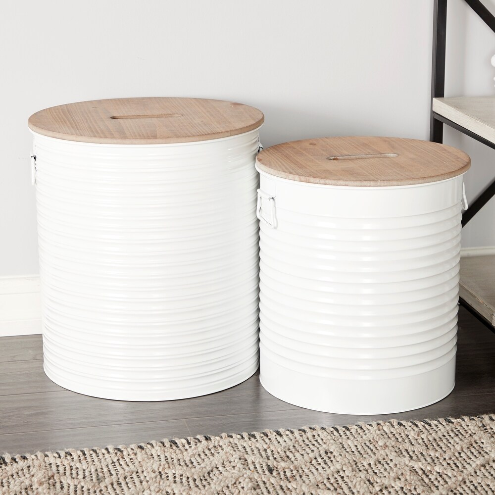 White Metal Storage Stool with Brown Wood Top (Set of 2)   16 x 16 x 18