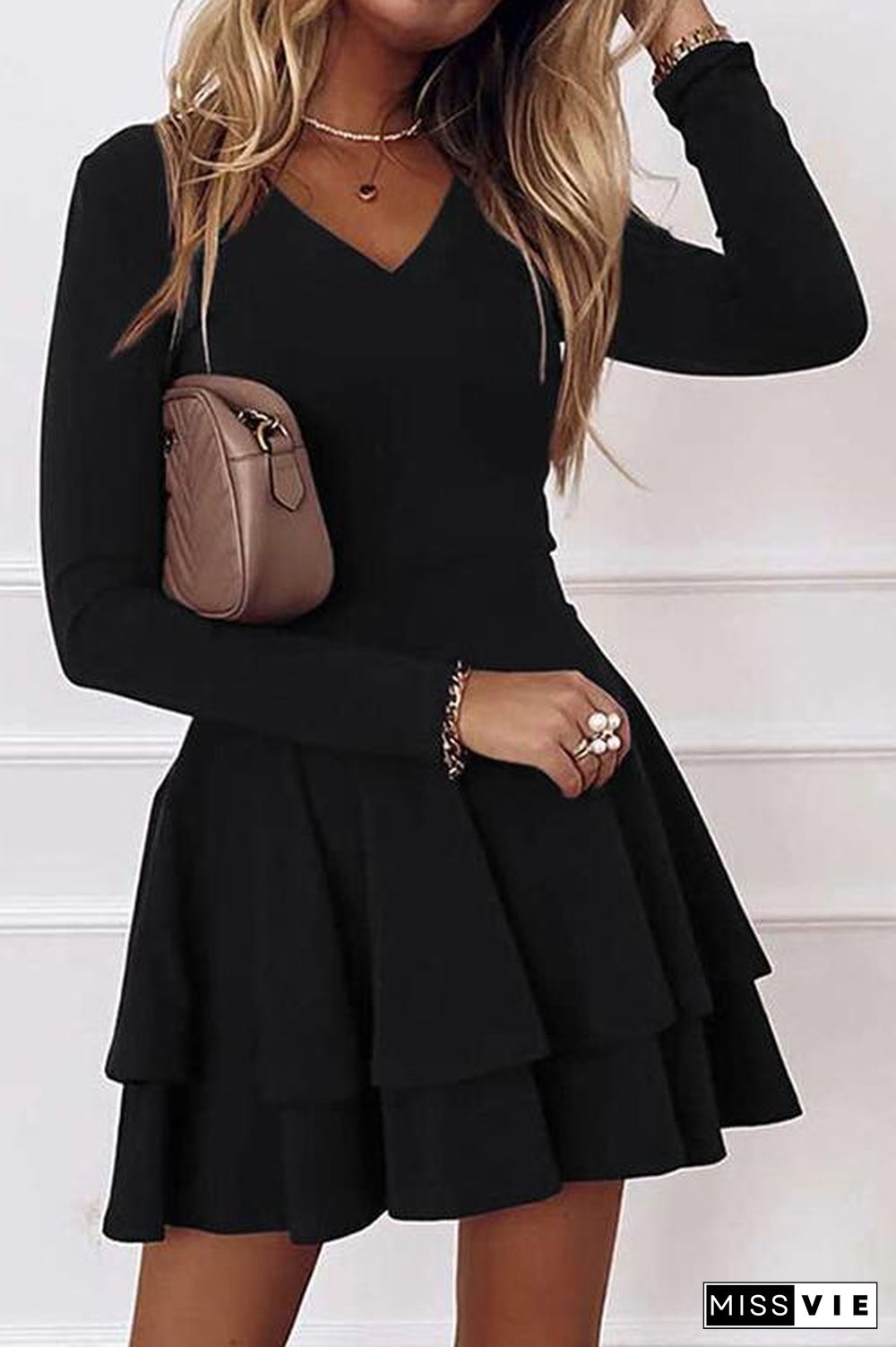 Layer V Neck Long Sleeve Dress