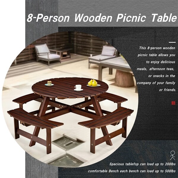 Outdoor Round Picnic Table with 4 Builtin Benches and Umbrella Hole