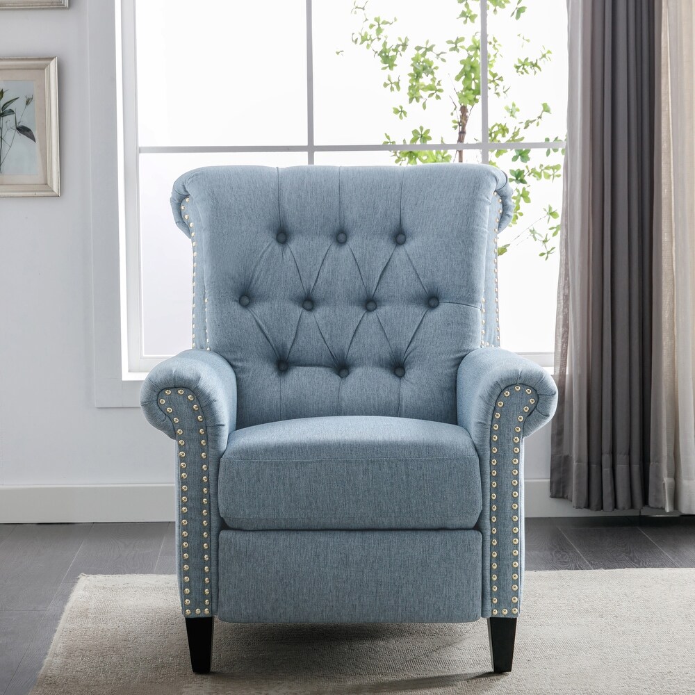 Pushback Linen Tufted Recliner Single Sofa with Nailheads Roll Arm  Adjustable Recliner for Living Room  Bedroom  Office  Blue