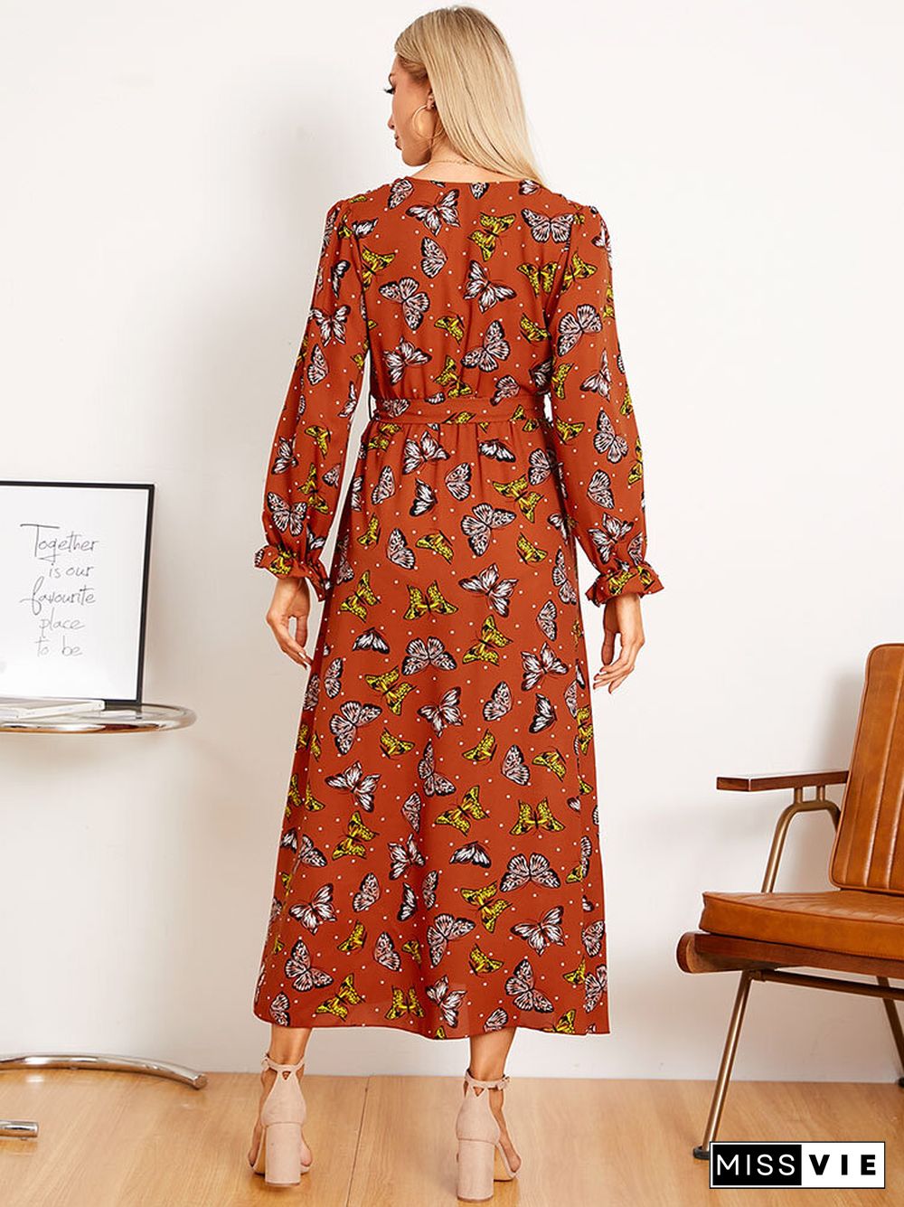 Butterfly Print Belt Long Sleeve V-neck Maxi Dress