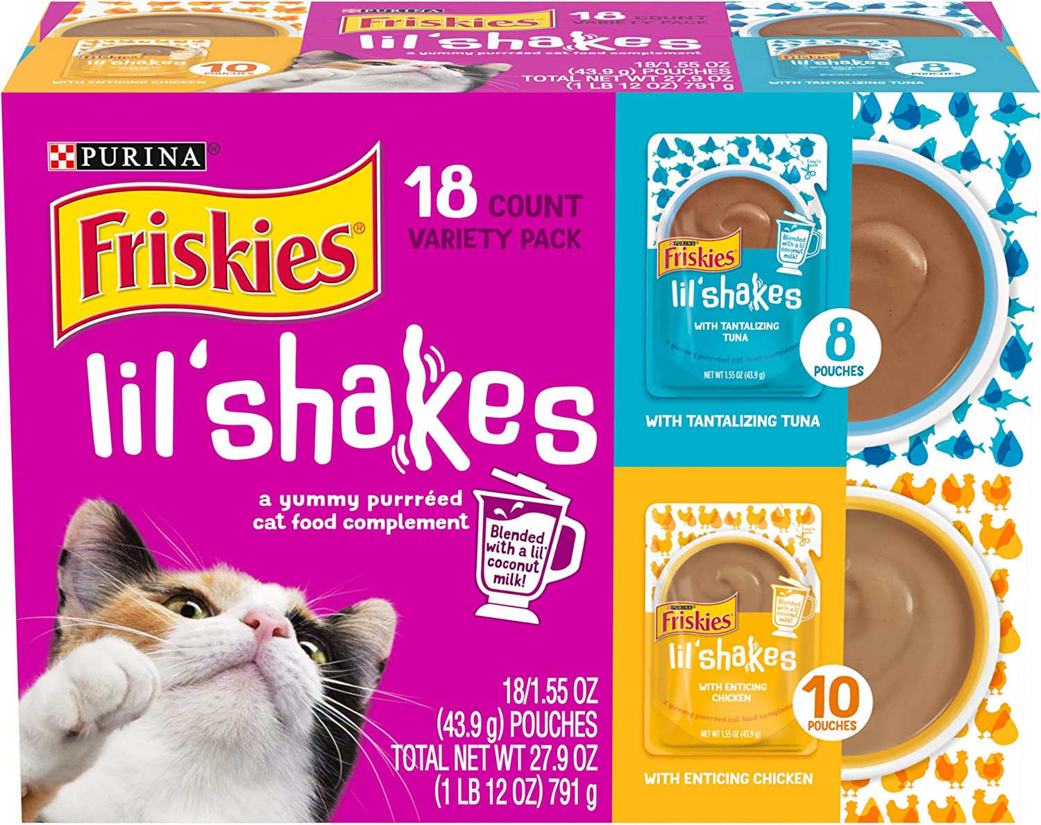 Purina Friskies Pureed Cat Food Topper Variety Pack Lil' Shakes with Chicken and with Tuna Varieties - (18) 1.55 oz. Pouches