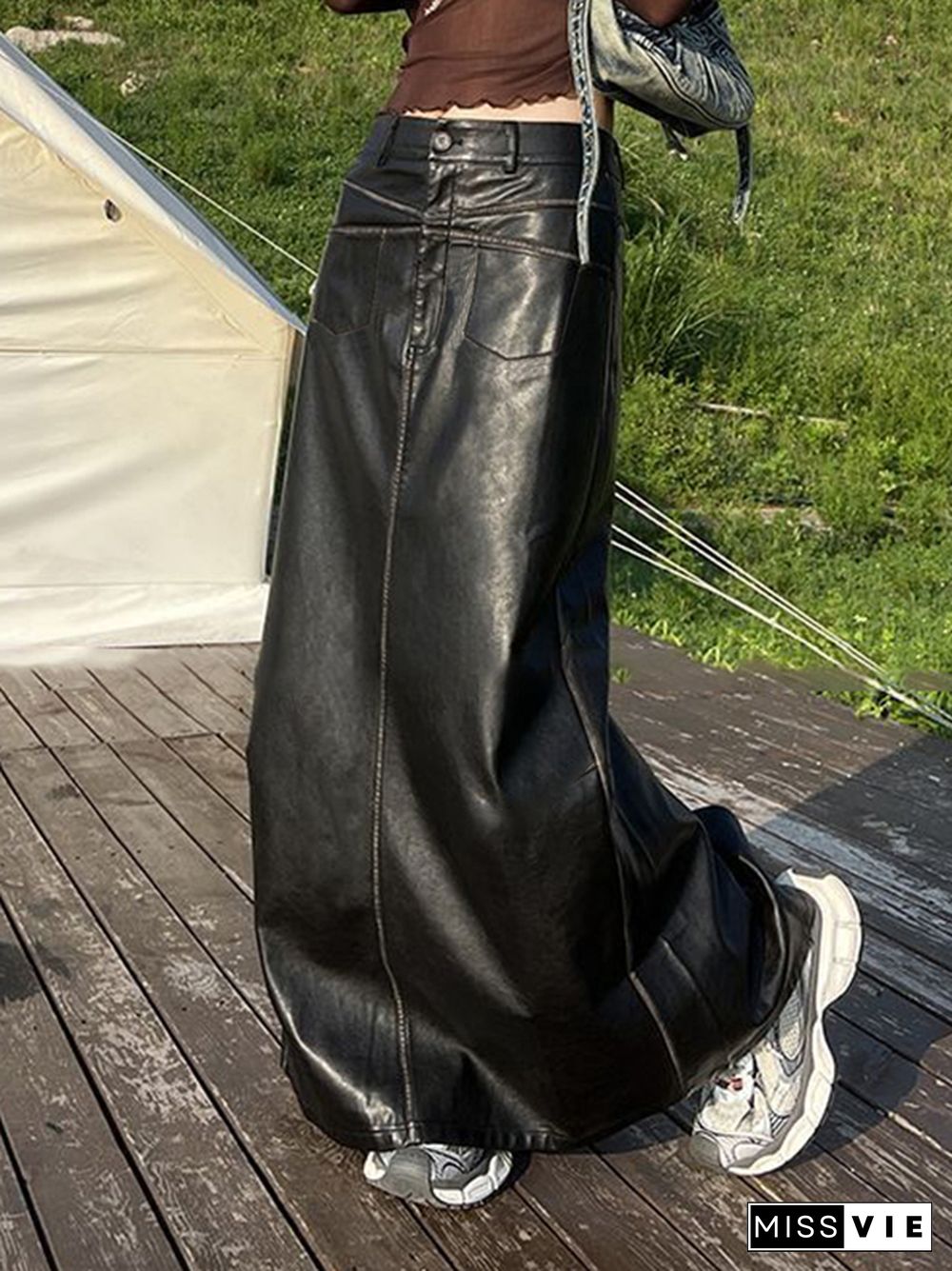 Vintage Leather Multi Pocket Maxi Skirt