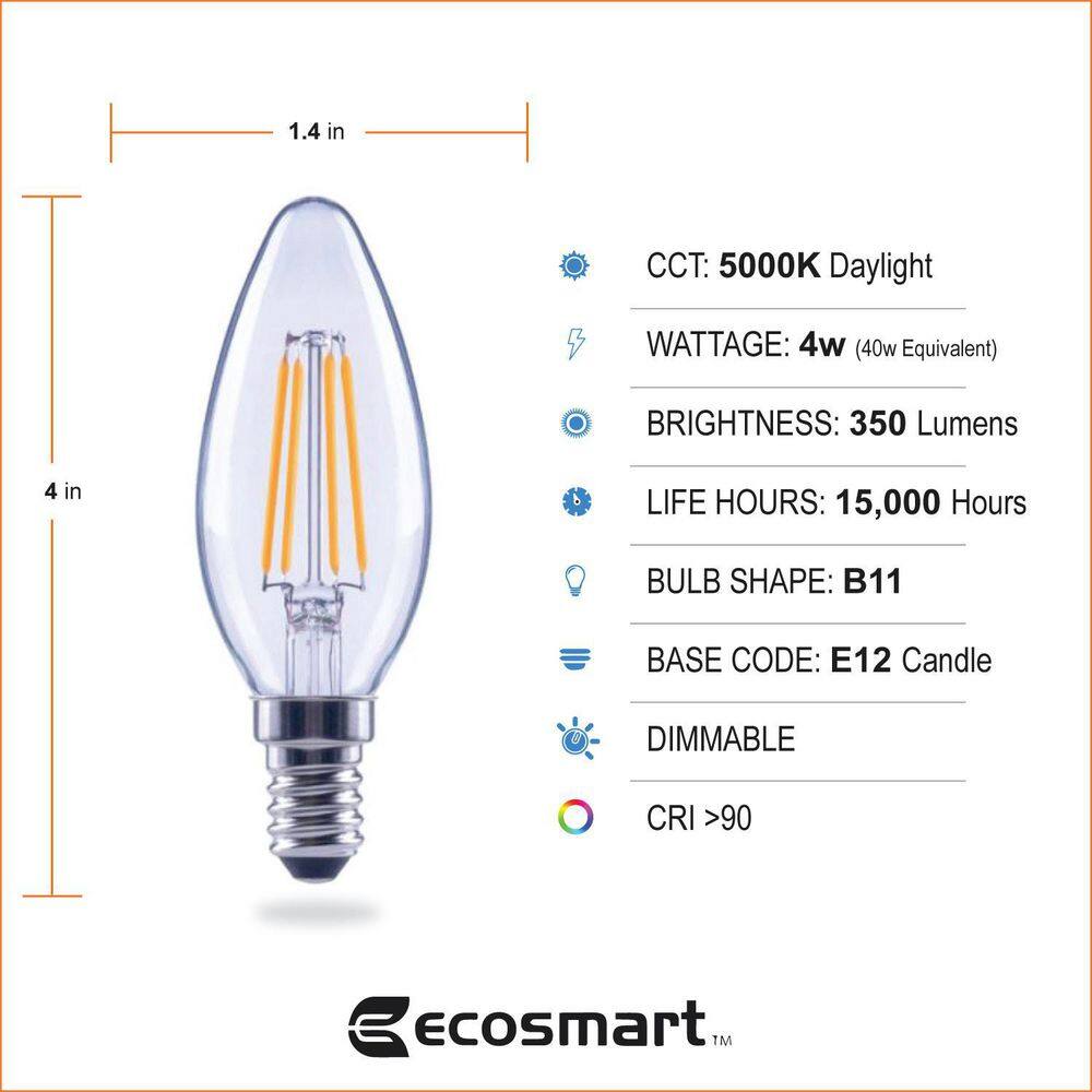 EcoSmart 40-Watt Equivalent B11 Dimmable E12 Candelabra ENERGY STAR Clear Glass Candle LED Vintage Light Bulb Daylight (3-Pack) FG-04071