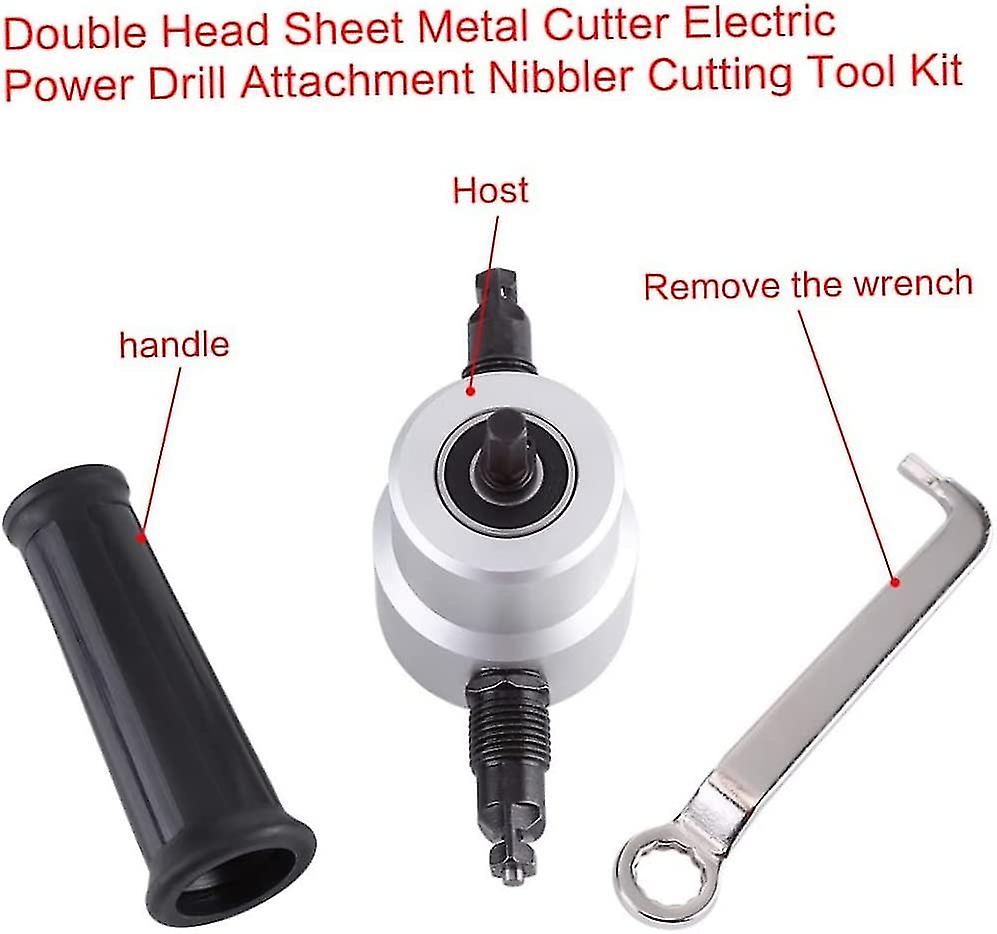 Botao Power Drill Nibbler Double Head Metal Sheet Nibbler Drill Attachment With Wrench Parts Silver Metal Nibbler Cutter(1pc， Silver Black)