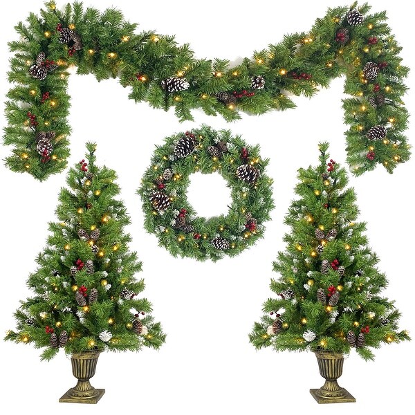 Prelit Xmas Tree Artificial Christmas 4Piece Set，Garland，Wreath and Set of 2 Entrance Trees Xmas with LED Lights