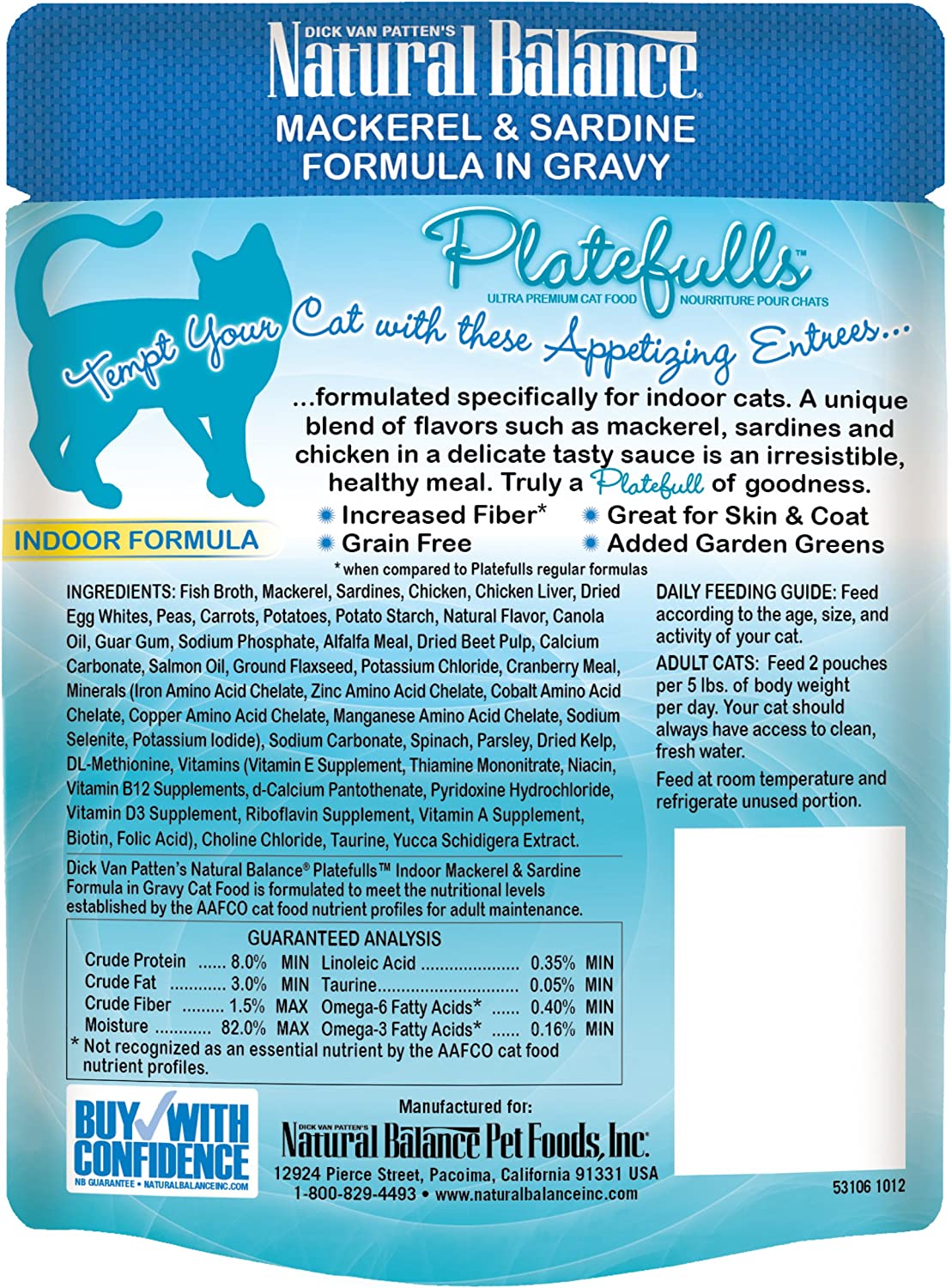 Natural Balance Platefulls Indoor Formula Mackerel and Sardine in Gravy Grain-Free Cat Food Pouches 3-oz pouch case of 24