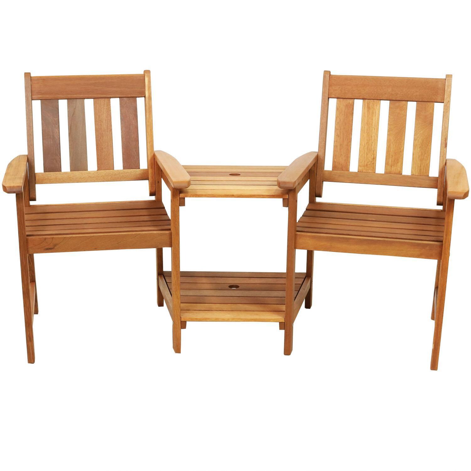 Ultimate Patio 65-Inch Meranti Wood Jack-and-Jill Chairs W/ Attached Table