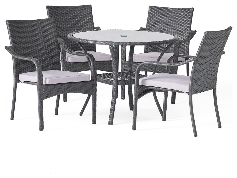 GDF Studio 5 Piece Kadelyn Outdoor Gray Wicker Dining Set   Tropical   Outdoor Dining Sets   by GDFStudio  Houzz