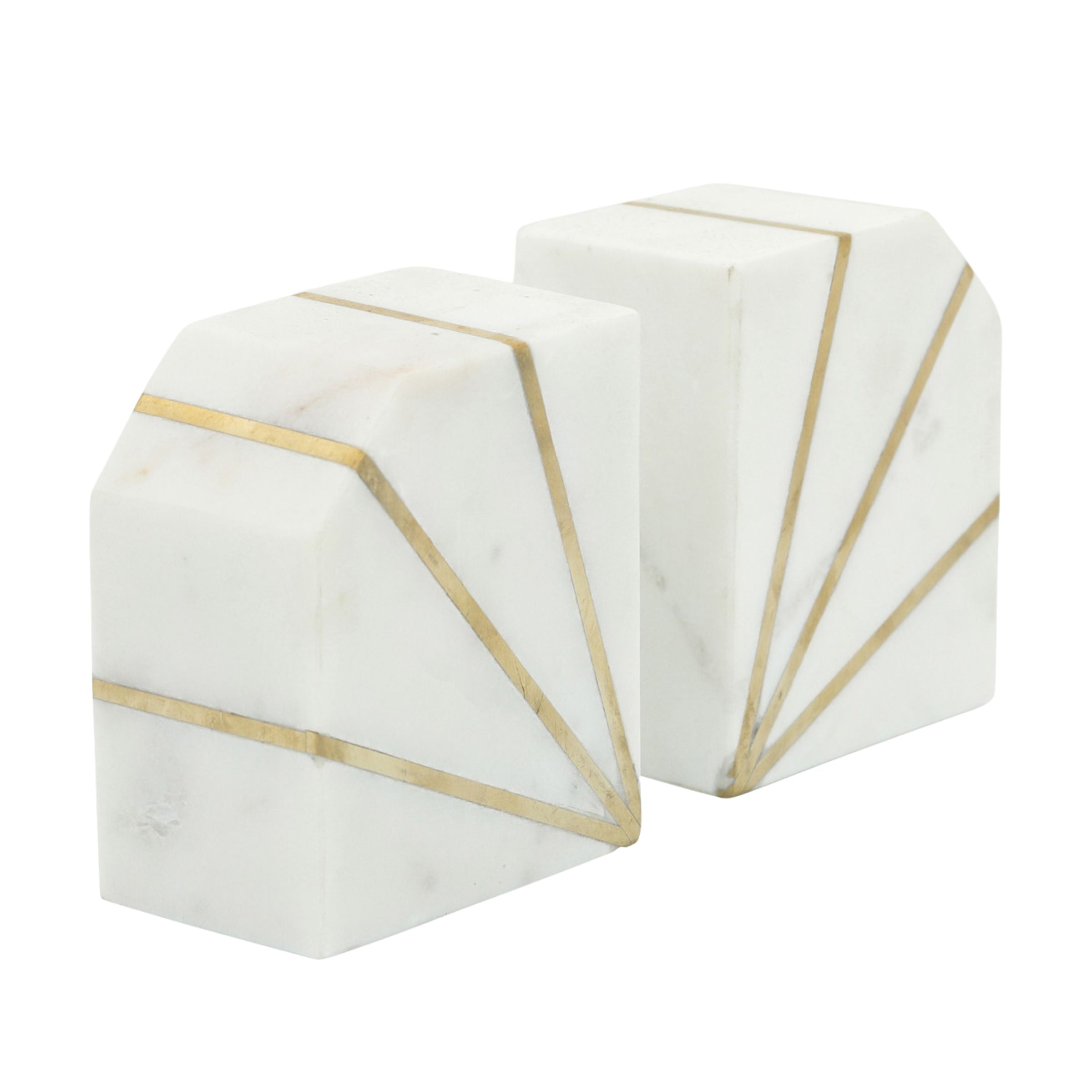 Set Of 2 Polished Bookends Marble 12 Cm - White And Gold 15978-02