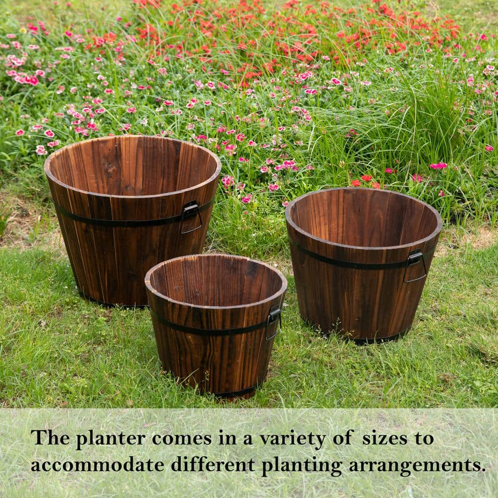 Gardenised Rustic Wooden Whiskey Barrel Planter with Durable Medal Handles and Drainage Hole - Set of 3 QI003236.3