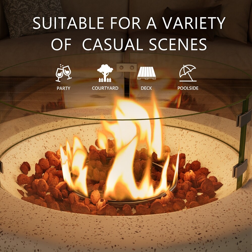 COSIEST Outdoor White Round Fire Pit Table w Wind Glass  Tank Table