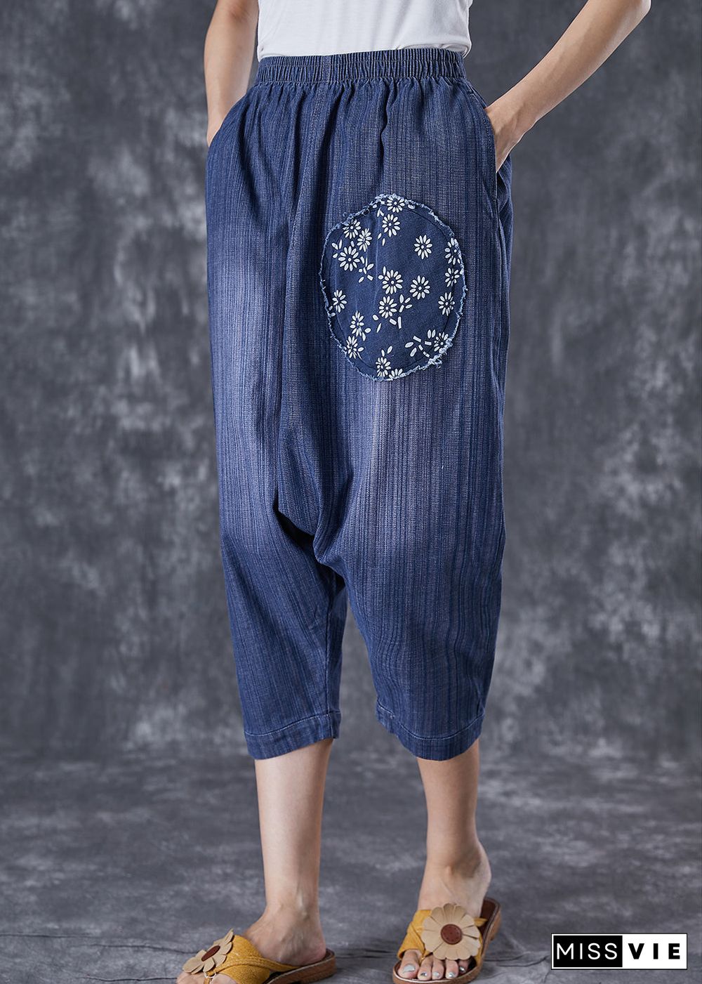 Casual Blue Oversized Patchwork Applique Denim Harem Pants Summer