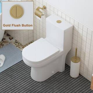 HOROW 1-piece 0.81.28 GPF High Efficiency Dual Flush Round Toilet in. White with Seat Included and Brushed Gold Button HR-0033SG