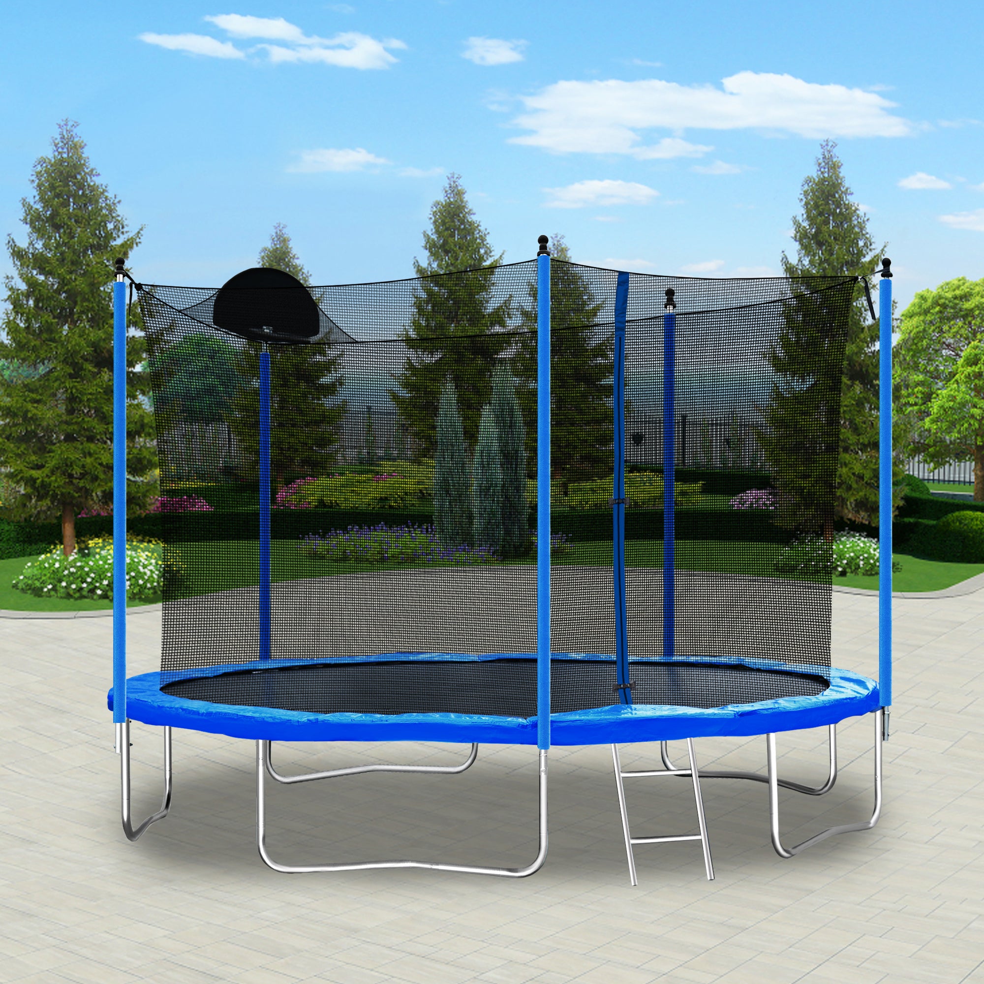 12FT Kids Trampoline Thickened - Large Heavy-Duty Trampoline with Hoop， All-Weather Trampolines with High Density Net and 5 Steel Support， Outdoor Lawn Garden Yard Trampolines， Blue