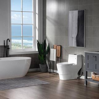 WOODBRIDGE Everette 1-piece 1.1 GPF  1.6 GPF Dual Flush Elongated Toilet in White with Seat Included and Oil Rubbed Bronze Button HB0940-ORB