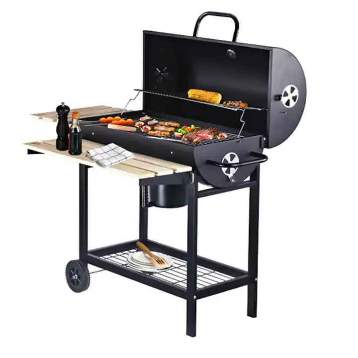 Barrel Charcoal Barbecue Grill with Side Table Use for Outdoor Backyard Patio and Parties