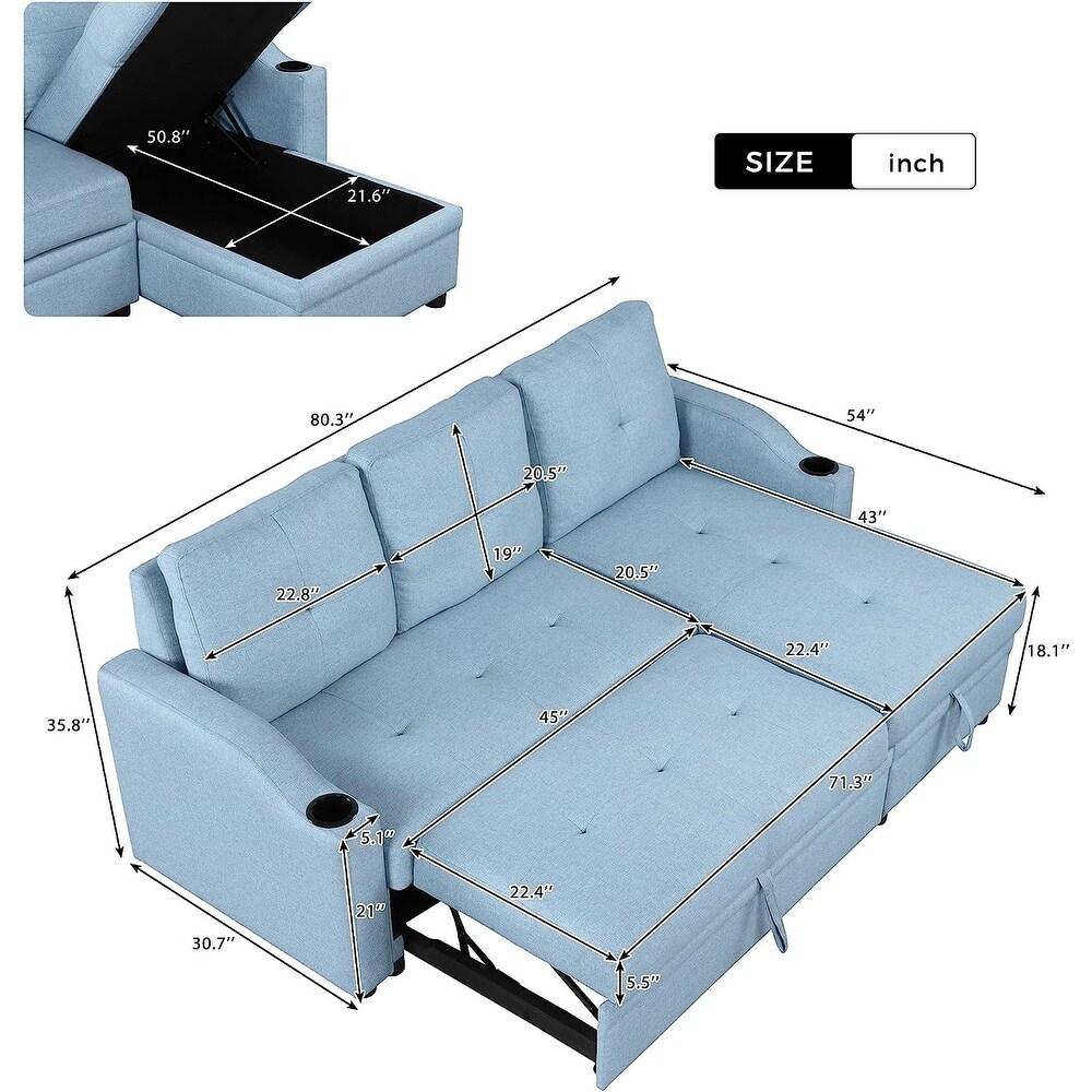 Pull Out Sofa Bed with Storage Chaise   Cup Holder