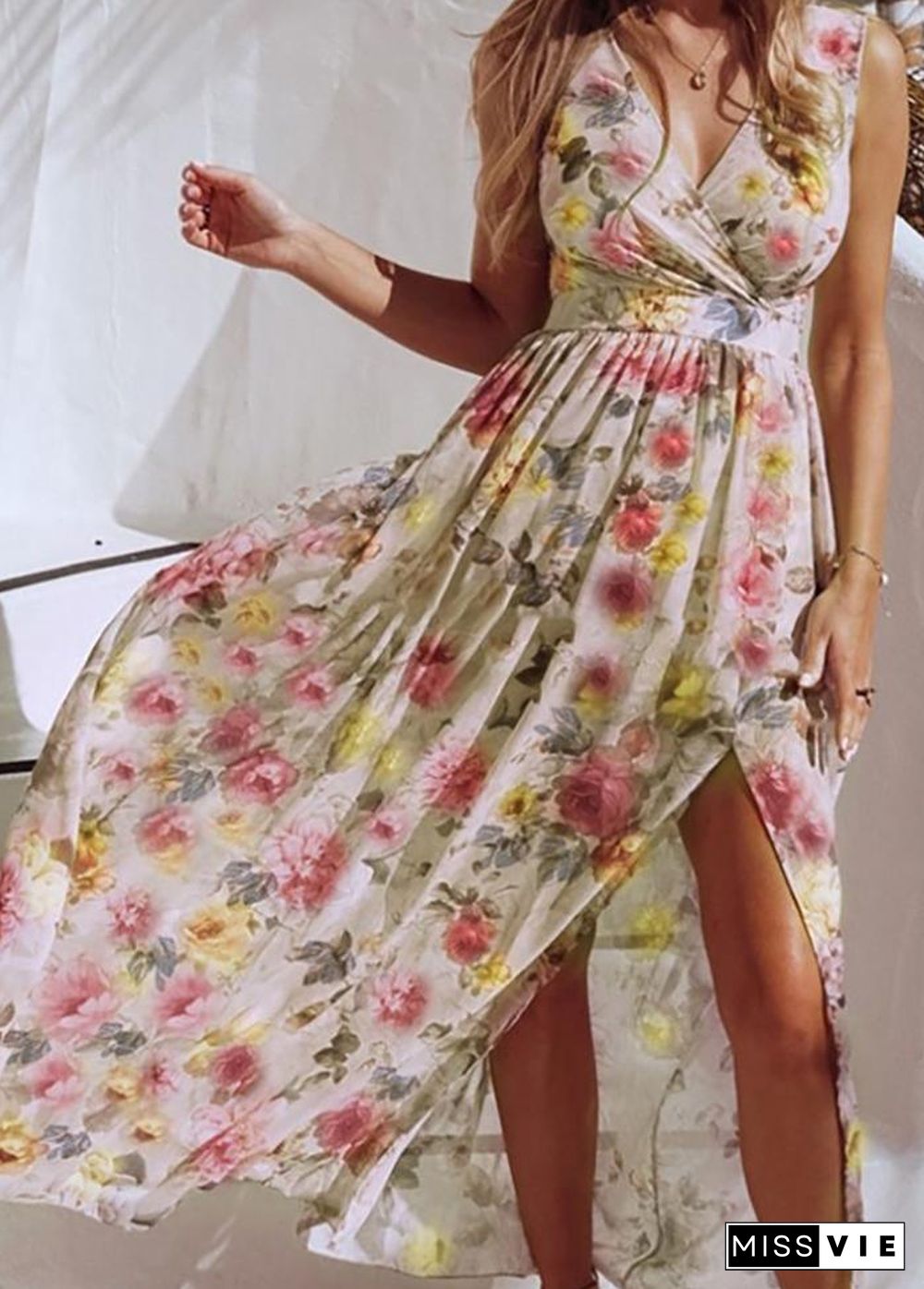 Printed Side Split V Neck Sleeveless Dress