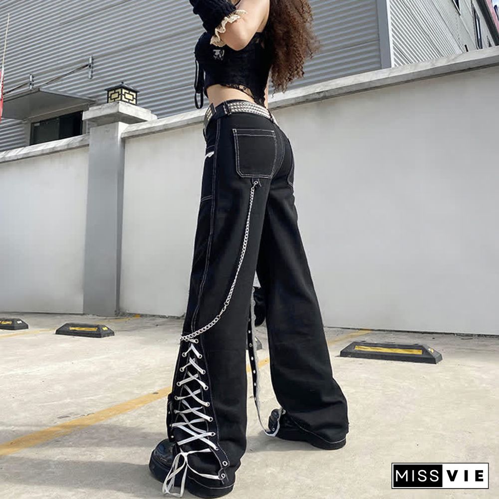 Gothic Bandage Lace Up Straight Baggy Denim  Pants