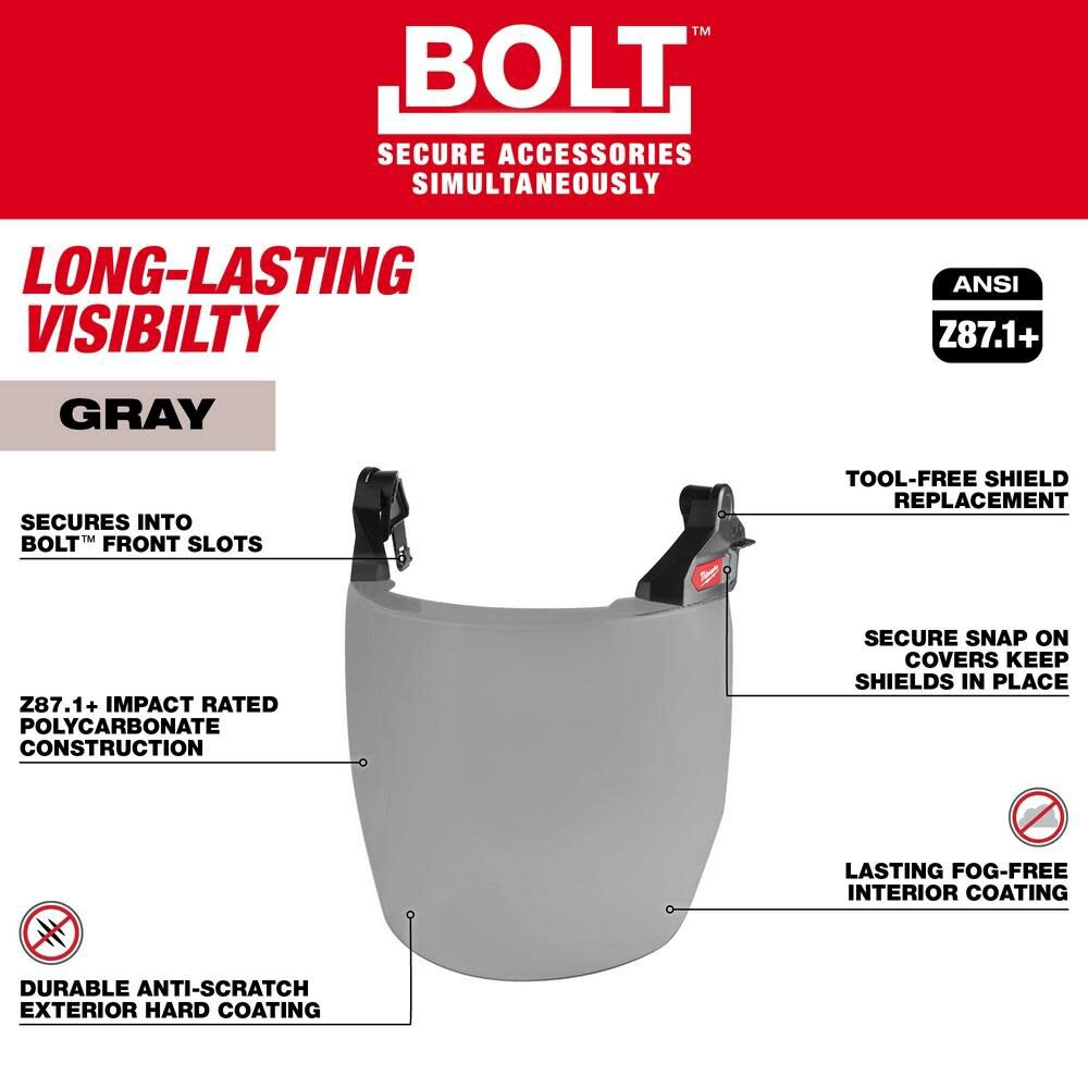 MW BOLT Full Face Shield Gray Dual Coat Lens Compatible with Safety Helmet No Brim 48-73-1426 from MW