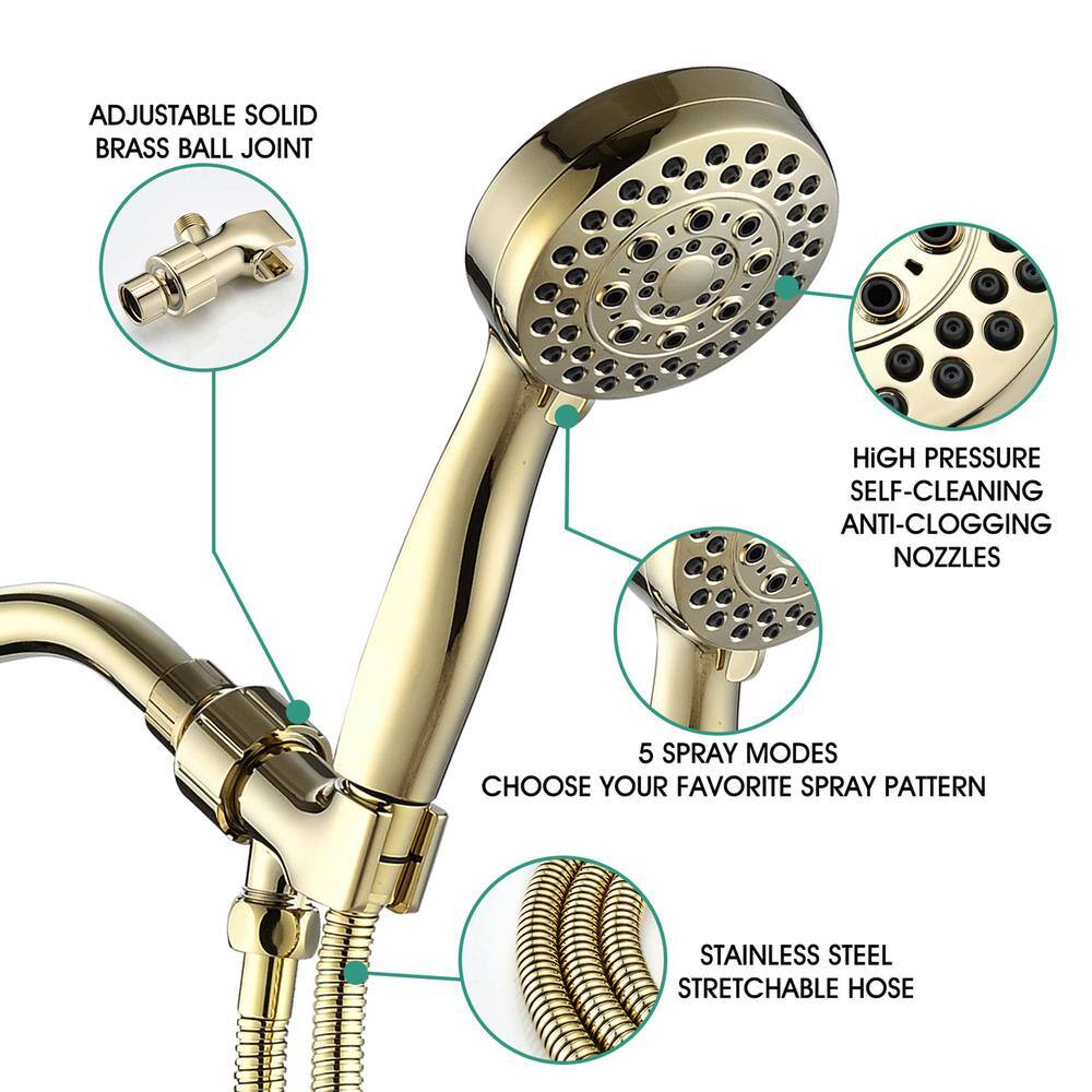 Tahanbath 5-Spray Patterns Showerhead Face Diameter 3.5 in. Wall Mount Handheld Shower Head with 59 in . Hose in Polished Golden MS-5B002PG-KXC