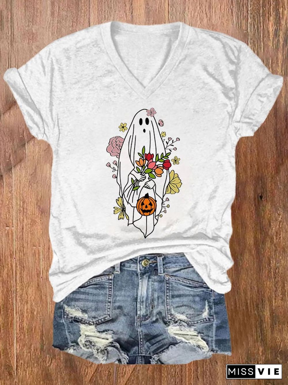 Women's Casual Ghost Art Printed Short Sleeve T-Shirt