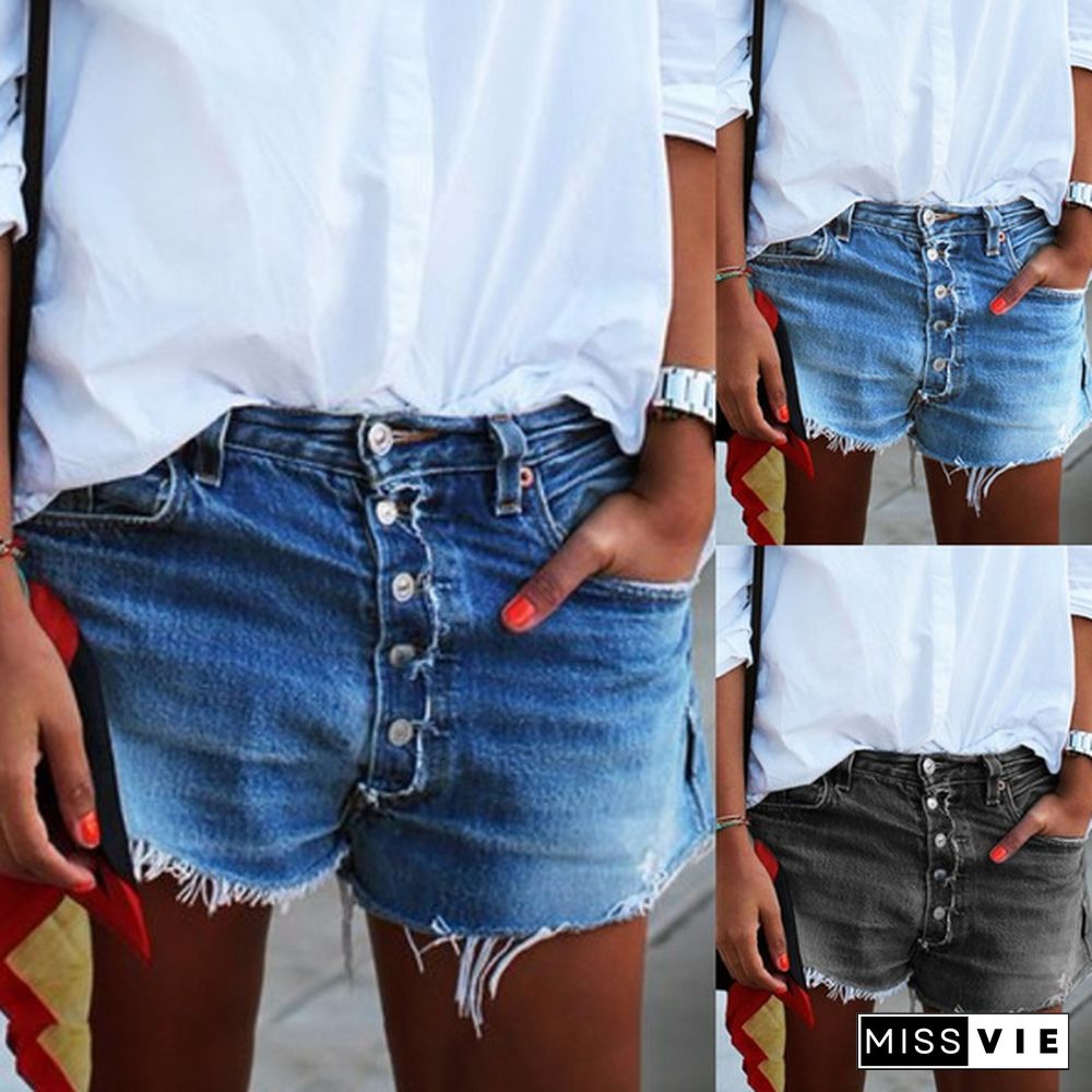 Spring New Women's Casual Short Jeans Buttons Fly Denim Short Pants