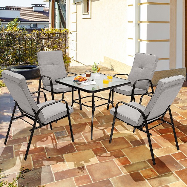 Costway 6pcs Patio Dining Set Stackable Chairs Cushioned Glass Table W umbrella