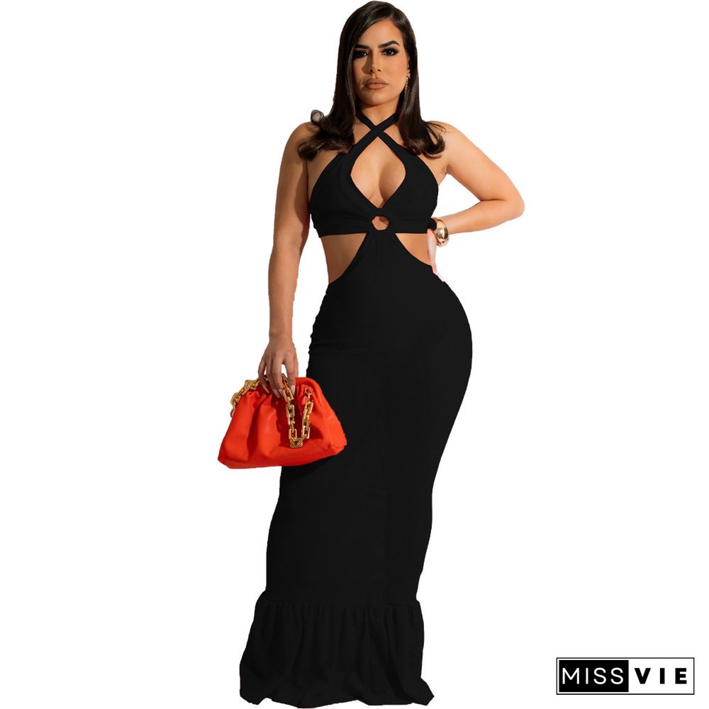 Mesh See Though Hollow Halter Backless Maxi Dresses