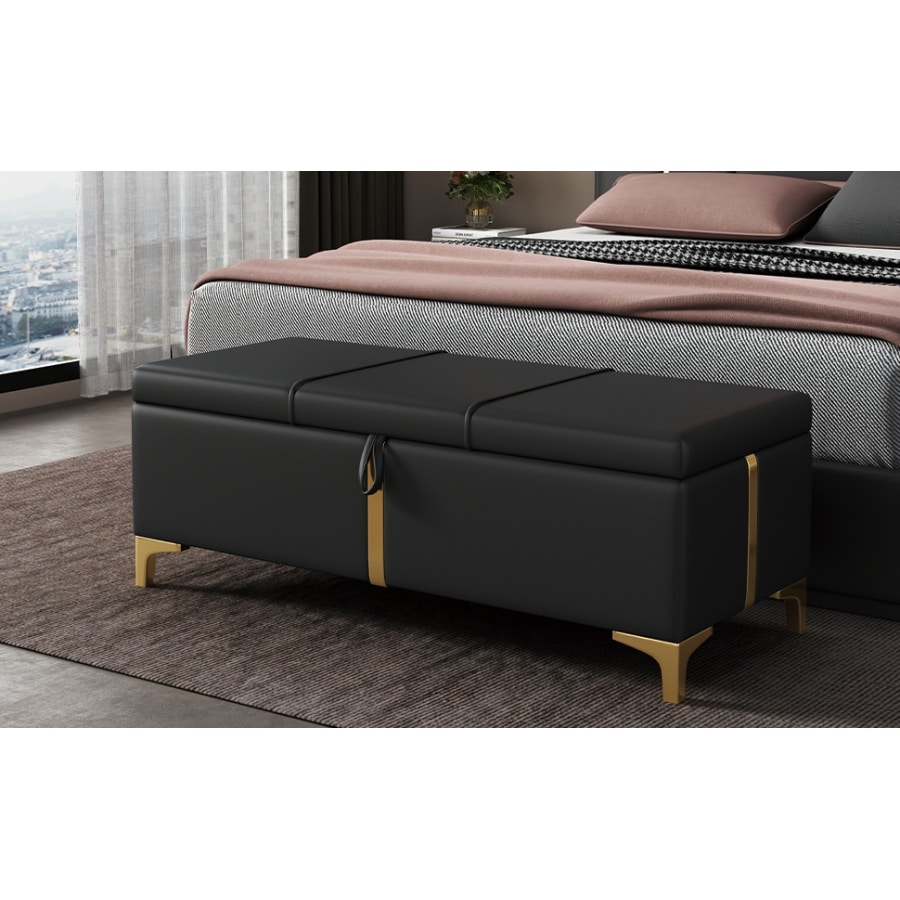 Elegant Style Large Upholstered Storage Ottoman  Storage Bench with Metal Legs  Modern Bed End Bench