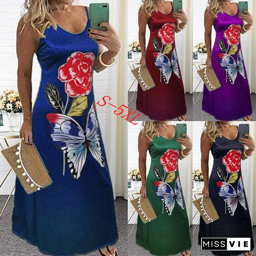 New Plus Size Fashion Women's V-neck Sleeveless butterfly Printing Dress Summer Beach Party Loose Casual Long Skirt Dress S-5XL