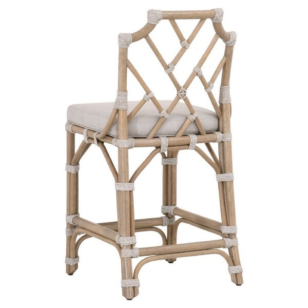 Counter Stool with Scooped Back and Rattan Frame， Taupe Gray - 40.5'H X 21