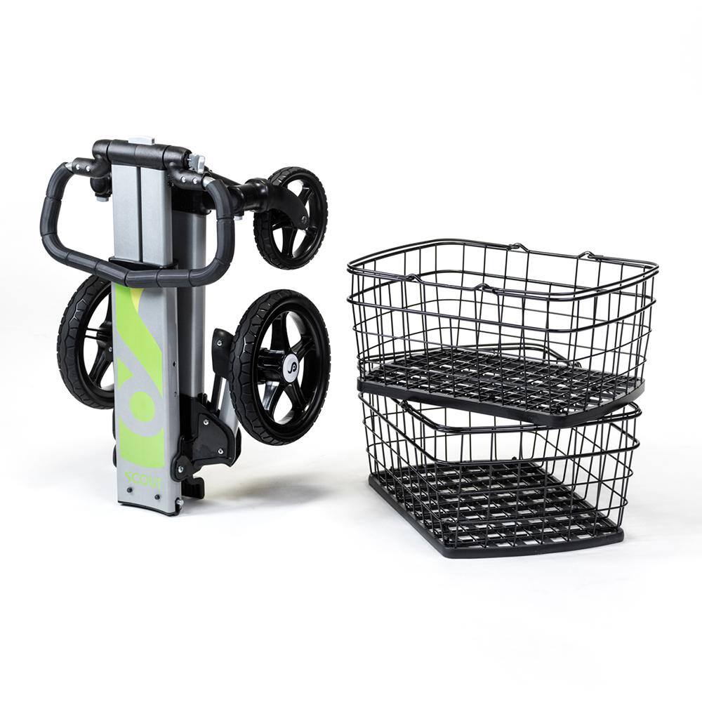 Scout Cart Folding Utility Cart 2 Removable Baskets 7 in. Swivel Front and 10 in. Rear Wheels Rubber Tires Transport Tray for Bins SCV3B