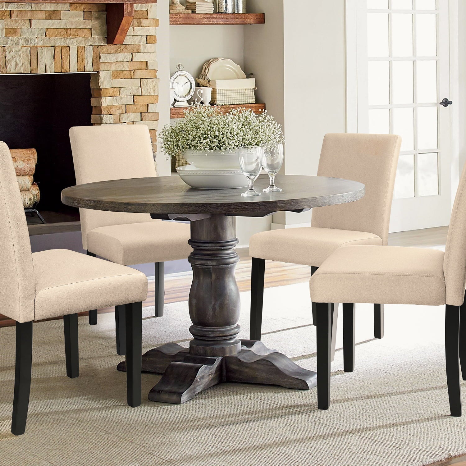 Set of 4 Upholstered Fabric Dining Chairs With Wood Legs