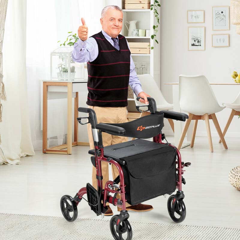 2 in 1 Rollator Walker Wheelchair Folding Medical Walker Rolling Transport Chair Mobility Walking Aid