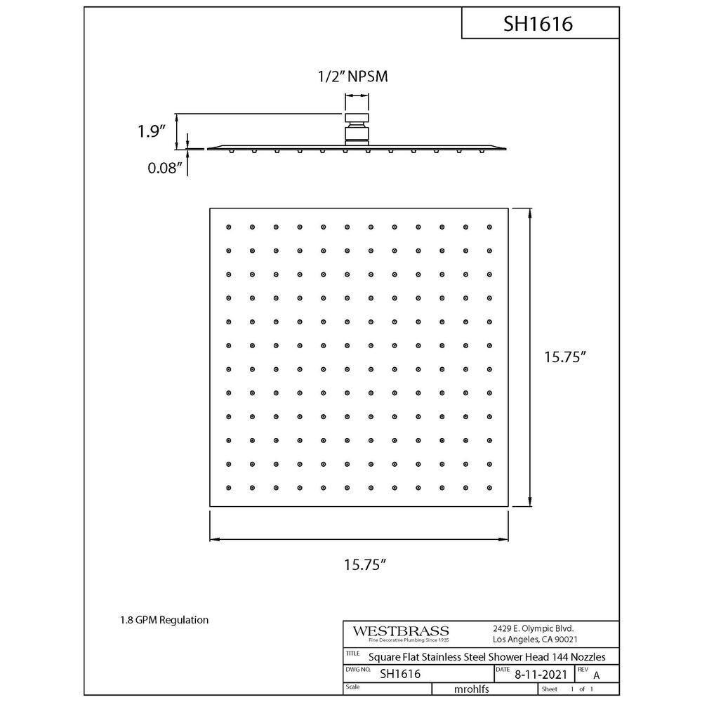 Westbrass 1-Pattern 16 in. Wall Mount Square Rain Fixed Shower Head in Oil Rubbed Bronze SHS1616-12