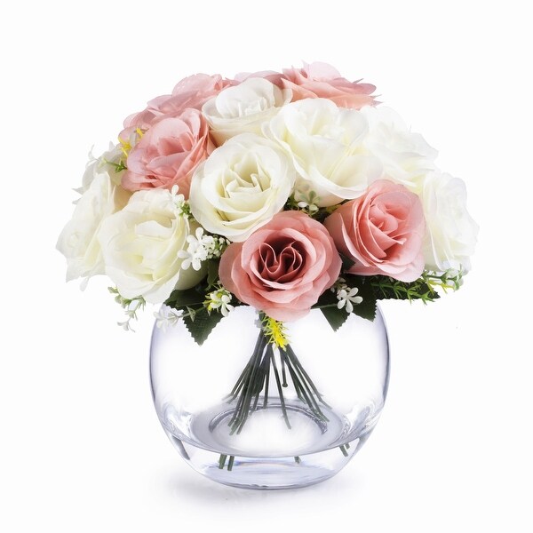 Enova Home Artificial Mixed Fake Open Roses Silk Flowers Arrangement in Clear Glass Vase with Faux Waterfor Home Wedding Decor