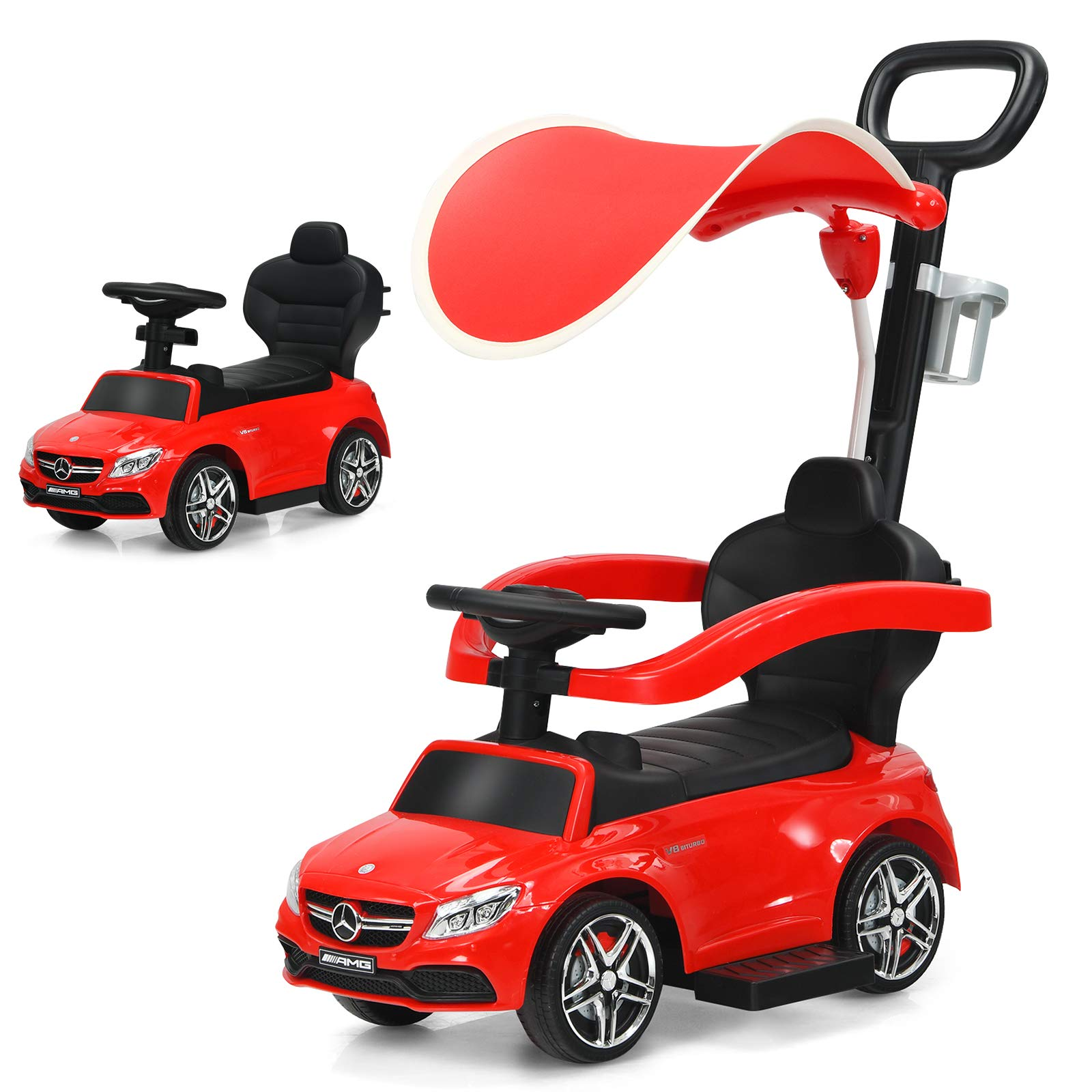 Costzon Push Car for Toddlers, 3 in 1 Mercedes Benz Stroller Sliding Walking Car w/ Canopy, Red