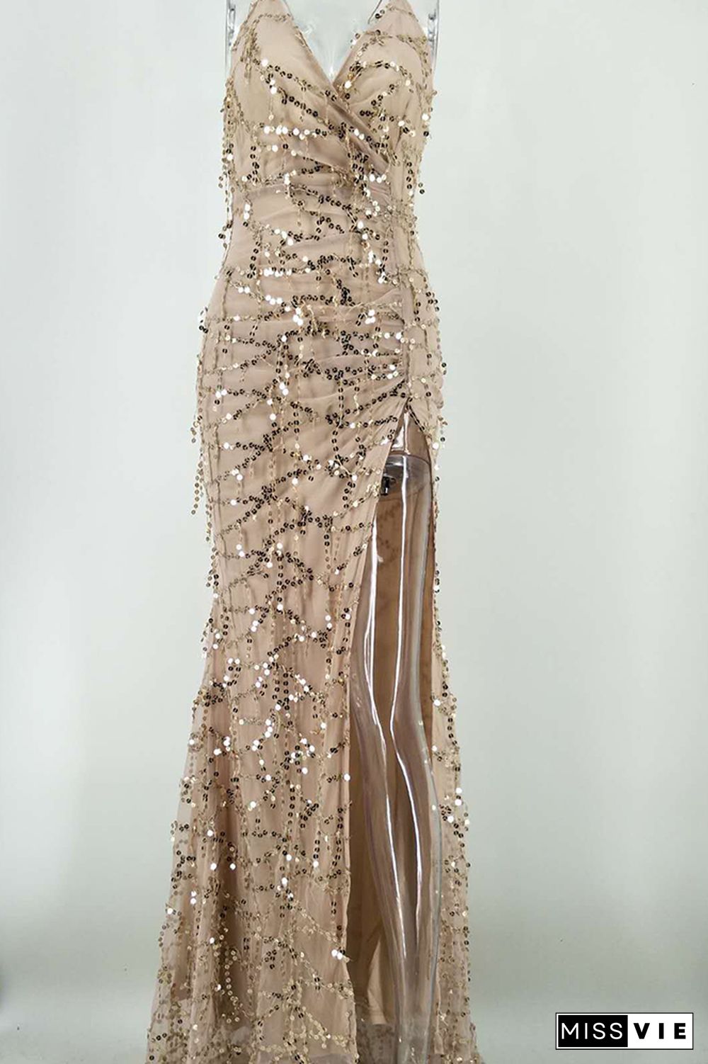 Spaghetti Strap V Neck Backless Sequin Split Maxi Dress