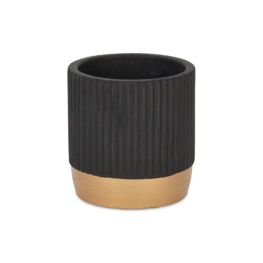 Aurone Round Ridged Ceramic Pot with Gold Finished Base   Black