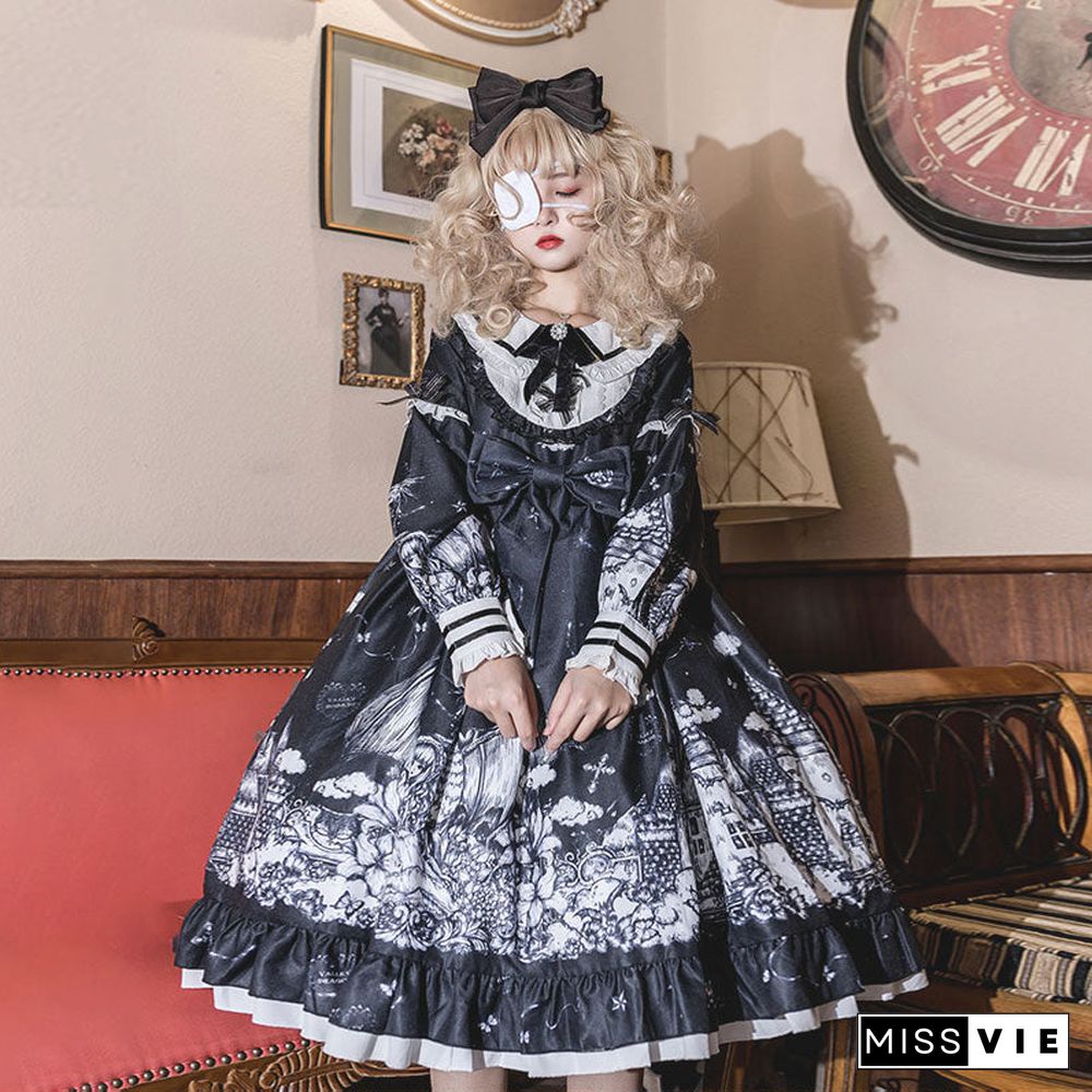 Gothic Lolita Dark Color loli Autumn Winter daily Lolita High Waist Kawaii Girl Cos Long Sleeve Dress Women