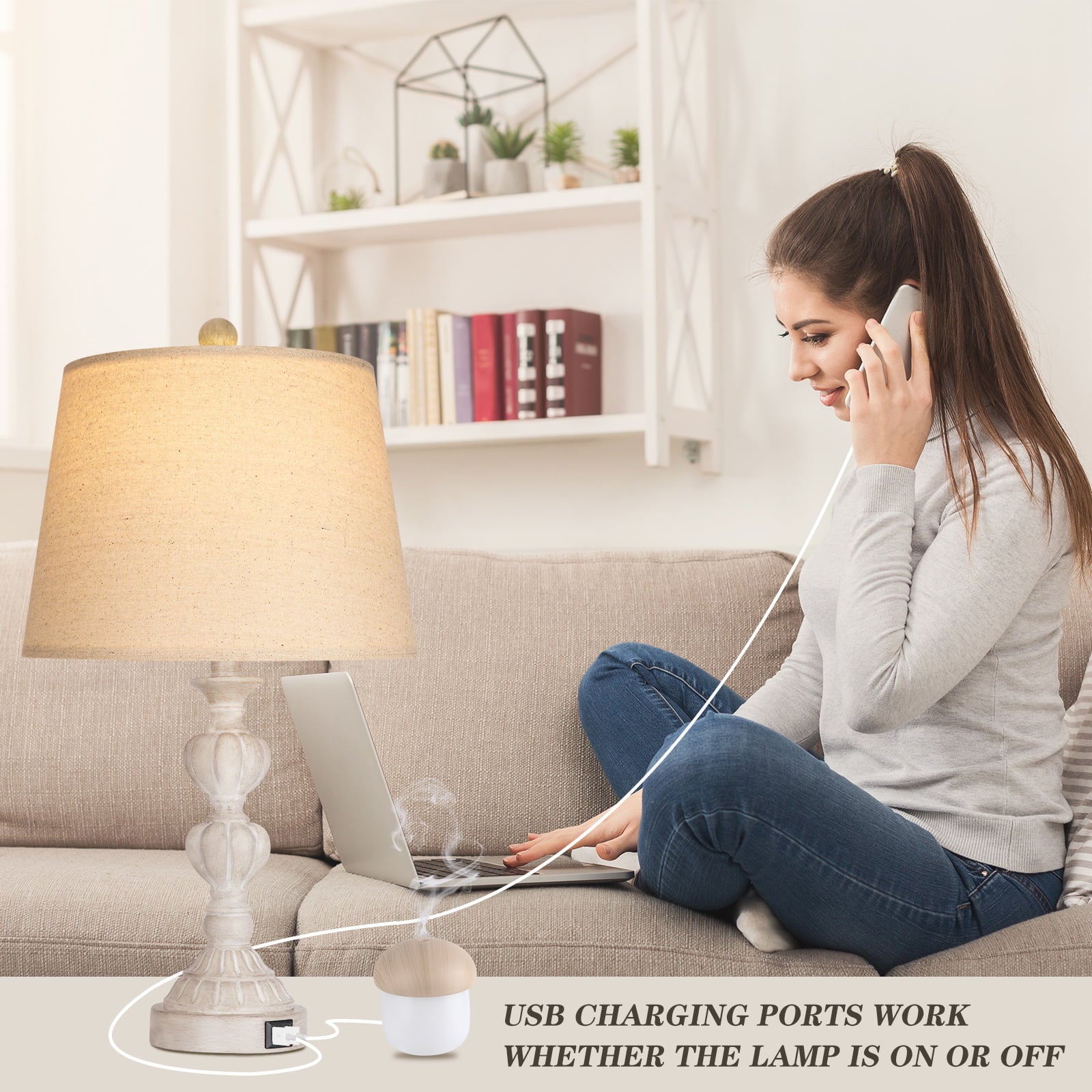 Partphoner Resin Washed-White Farmhouse Table Lamp Set of 2, 3-Way Dimmable with 2 USB Charging Ports